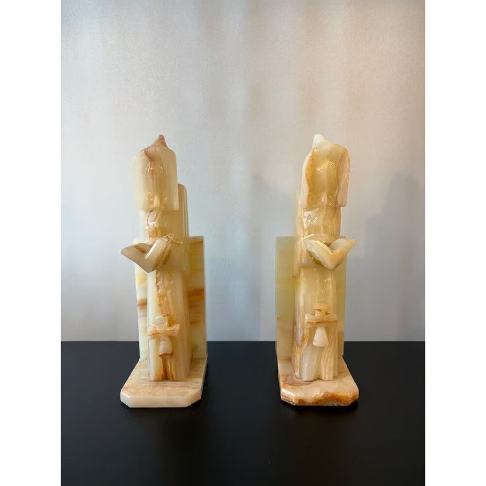 Carved Onyx Bookends Pair Robed Scholar Figures Banded Stone 8 Inch Mexican